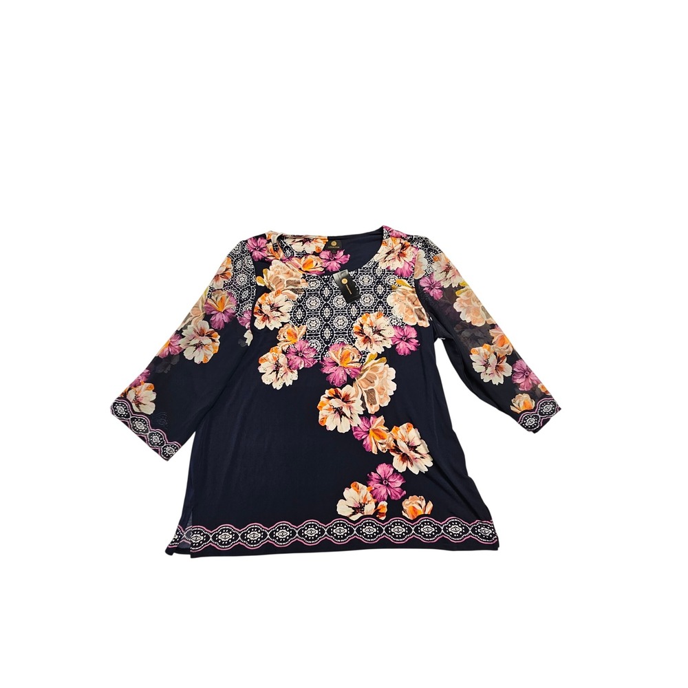 JMS Collection Navy Floral Tunic Top Sheer 3/4 Sleeve XL NWT